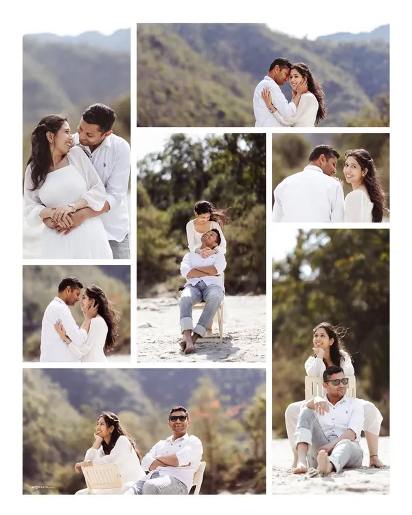 A beautiful white-themed collage from a riverside shoot. This layout shows a variety of poses, from playful to romantic, telling the story of their day.