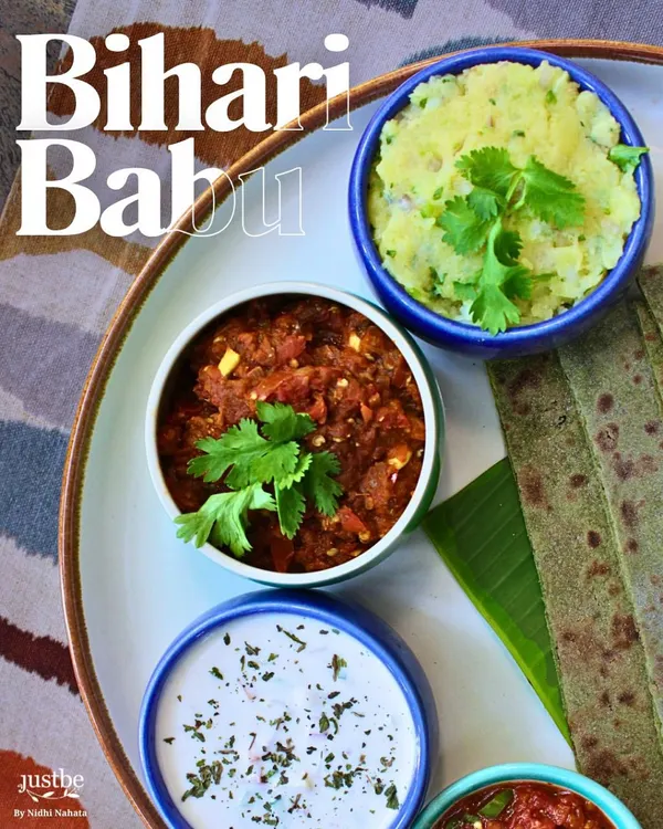 A closer view of our Bihari Babu thali. The vibrant colors of the smoky baingan bharta, mustard-kissed aloo chokha, and zesty chutney promise a journey home with every bite.