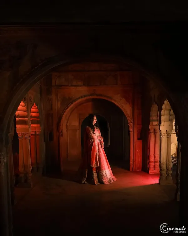 A dramatic portrait of the bride in a historic-looking setting. I use creative lighting to sculpt the scene and create a moody, cinematic feel that highlights her silhouette.