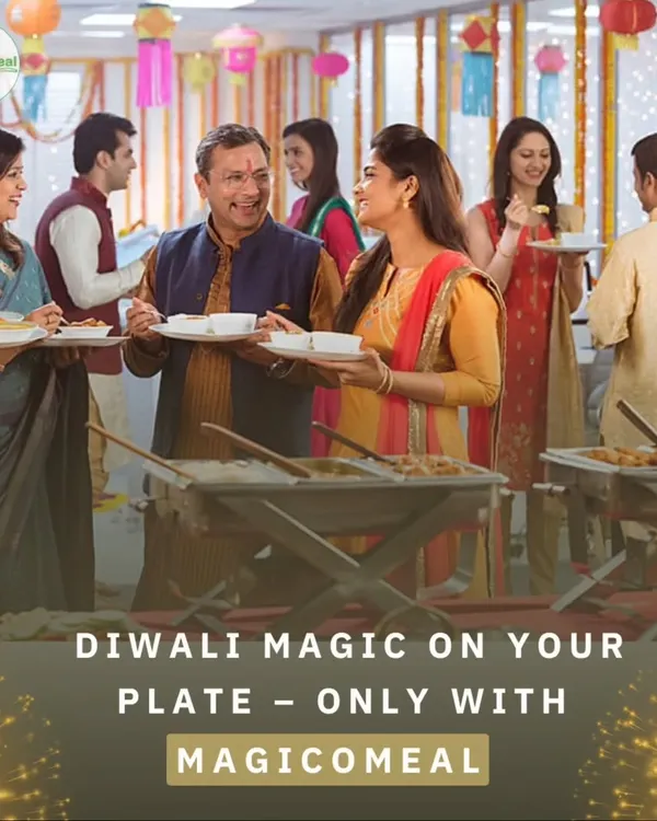 I bring the magic of Diwali to your plate with festive feasts. This image captures the joy of an office celebration, with colleagues in traditional wear enjoying a special meal together.
