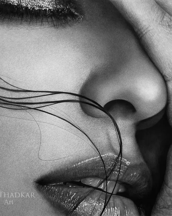 This piece, titled 'The Temptation', is an exploration of texture and emotion captured in charcoal. I focused on the delicate interplay of light and shadow, the softness of skin against the fine strands of hair, and the glossy texture of the lips to create a hyperrealistic and evocative portrait.