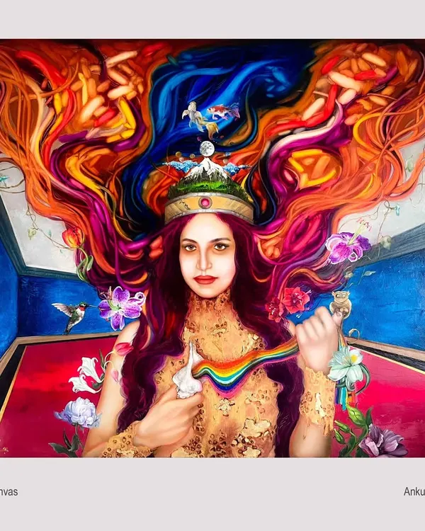 My painting "Devi," an oil on canvas that celebrates the goddess within every woman. The vibrant, flowing colors and symbolic elements are meant to convey a sense of creative and spiritual power.