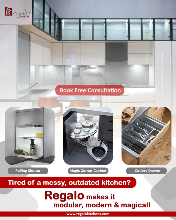 Tired of messy kitchens? We make them modular, modern, and magical with smart storage. This collage shows our rolling shutter for appliances, a magic corner cabinet to utilize dead space, and a perfectly organized cutlery drawer.