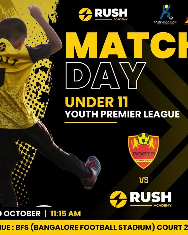 Match day announcement for our Under 11 team in the Youth Premier League. This graphic features one of our players celebrating, capturing the excitement and energy of competitive youth football.