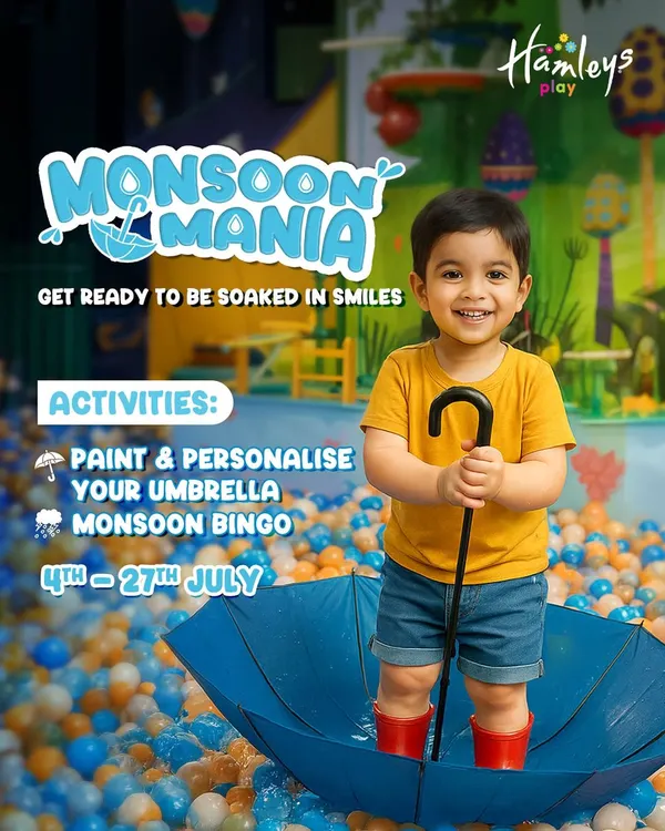 Monsoon Mania is here! This poster shows a happy boy ready to be soaked in smiles with our fun activities like painting an umbrella and playing monsoon bingo.