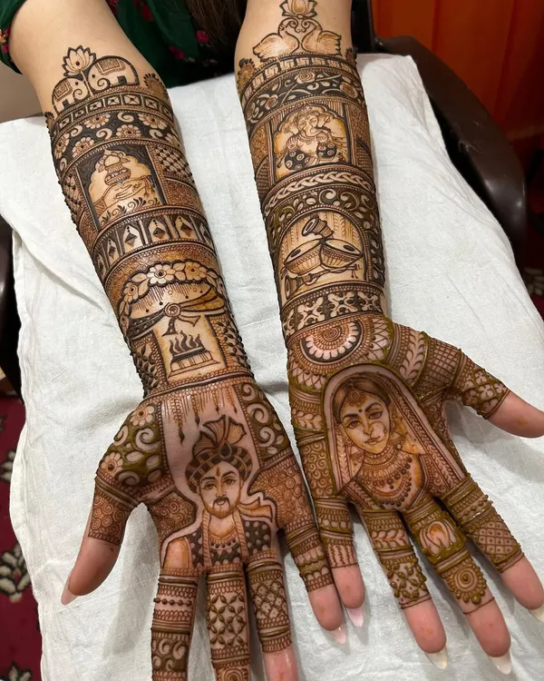 This is the kind of masterpiece you can aspire to create. My advanced bridal course covers everything from creating lifelike portraits of the bride and groom to weaving their story into the design with traditional motifs.