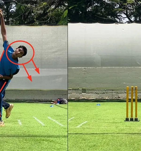 This is another angle of the same right-arm leg spinner's transformation. We corrected the lateral head fall and lower body collapse, resulting in a much stronger and more stable release point.