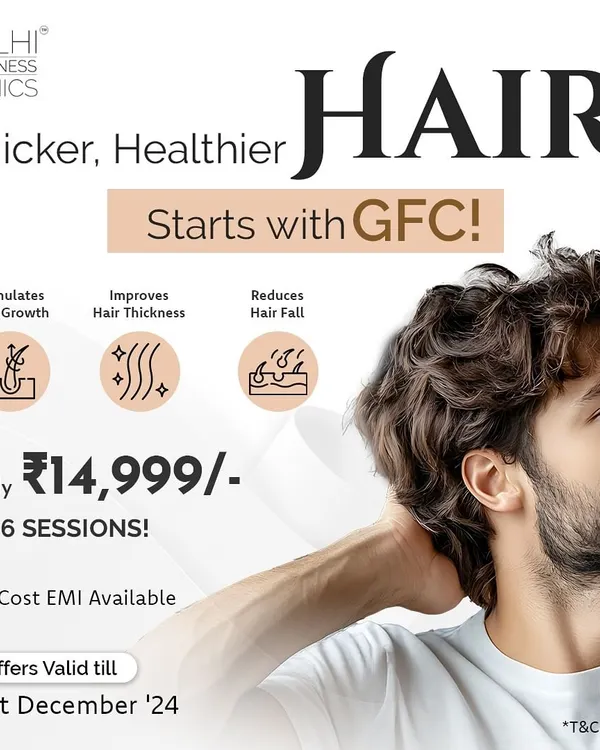 Thicker, healthier hair starts with GFC. Take advantage of our special package of 6 sessions to stimulate hair growth, improve thickness, and reduce hair fall. No Cost EMI is available.