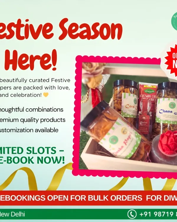 Our festive hampers are curated with love and care, featuring a thoughtful combination of our premium homemade products. We are now taking pre-bookings for Diwali, so you can reserve your special gifts in advance.
