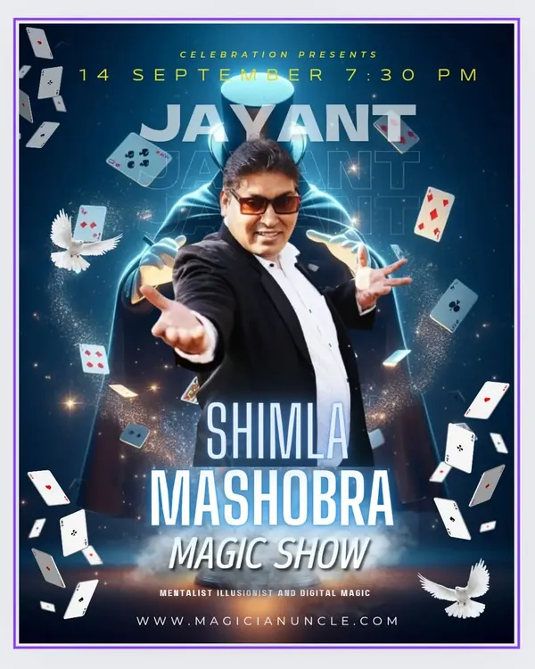 Poster for my magic show in Shimla Mashobra, featuring mentalism, illusions, and digital magic.