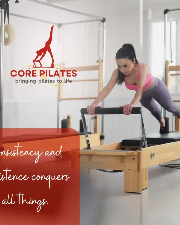 Building strength requires consistency and persistence. Here, a client performs a challenging plank variation on the Reformer, engaging the entire core and upper body.