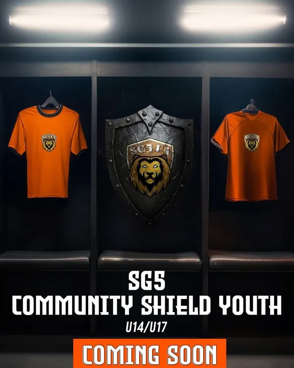 A "Coming Soon" announcement for the SG5 Community Shield Youth tournament. We build anticipation with sleek, professional graphics.