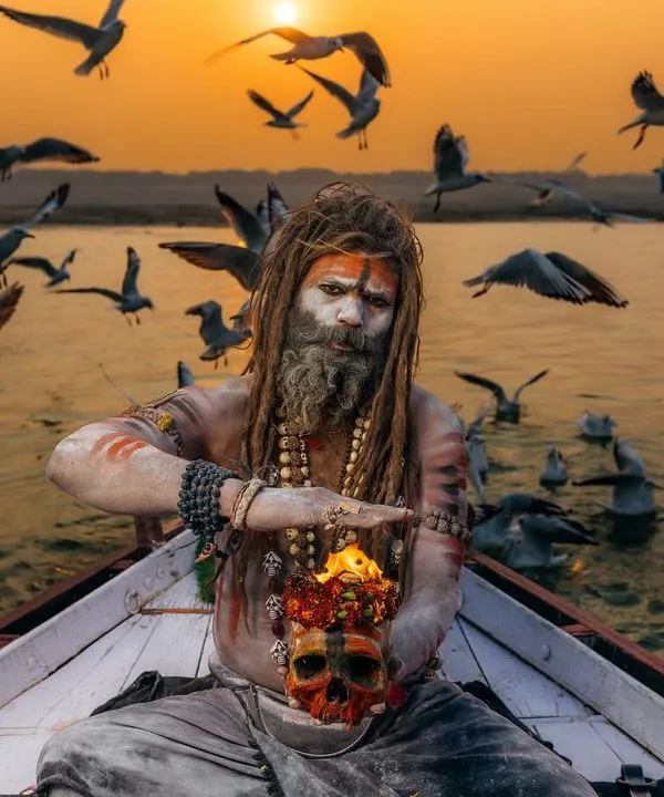 An Aghori sadhu on the Ganga river in Varanasi, surrounded by birds at sunset. This is a moment of pure spiritual energy, where the elements of fire, water, and life converge in a single, powerful frame.