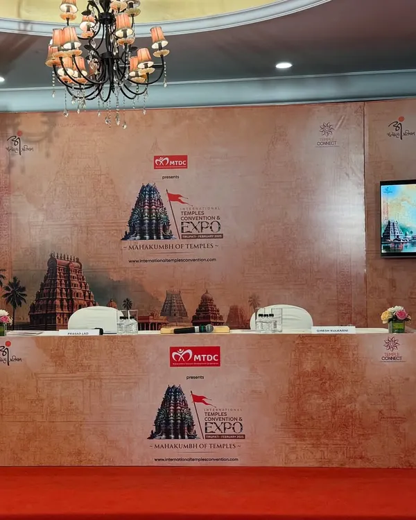 The main stage setup for the International Temples Convention & Expo, featuring a custom backdrop and integrated AV screens to create a focal point for the entire event.