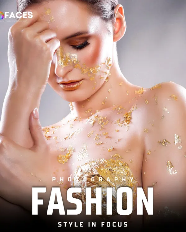 A high-fashion beauty shot where the model's body is adorned with gold leaf, creating a dramatic and artistic visual for a creative campaign.