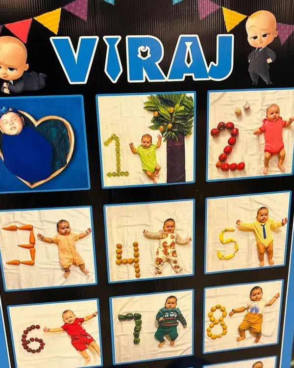 A 'first year' milestone photo board is a wonderful way to share memories. I can design these to match any party theme, like this one for a Boss Baby celebration.