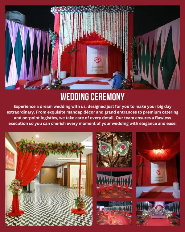 A traditional Bengali wedding ceremony setup, rich in red and white. I used classic elements like floral hangings and a beautifully draped mandap to create a space that felt both grand and deeply personal for the couple's big day.