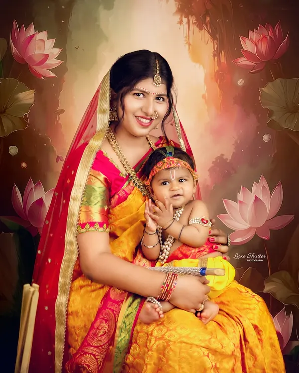 The bond between Maiyya Yashoda and her little Kanha is pure magic. This painterly style portrait with a lotus background is a piece of fine art celebrating that love.