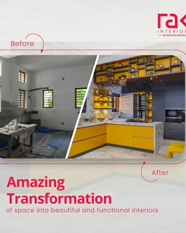 An amazing transformation. This before-and-after shot shows how we turned an empty, under-construction space into a vibrant and modern yellow kitchen, complete with an island and high-end finishes.