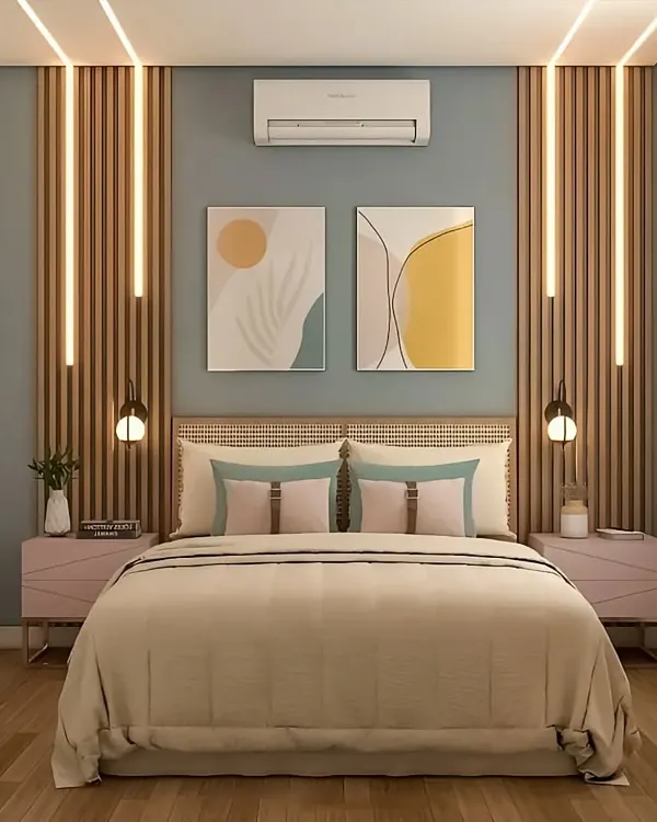 This bedroom features a serene color palette and a fluted wood accent wall with integrated vertical lighting for a calming effect.