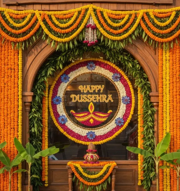 This is a traditional entrance decoration we did for Dussehra, using fresh orange and yellow marigold garlands, mango leaves, and a central floral medallion. We handle all aspects of festival decor, ensuring every detail, from the toran to the banana plant placement, is perfect for the occasion.