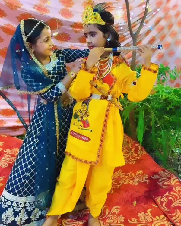 Our little Radha and Krishna sharing a sweet moment during our Janmashtami special performance. We pay close attention to costumes and details to make the experience magical for the kids.