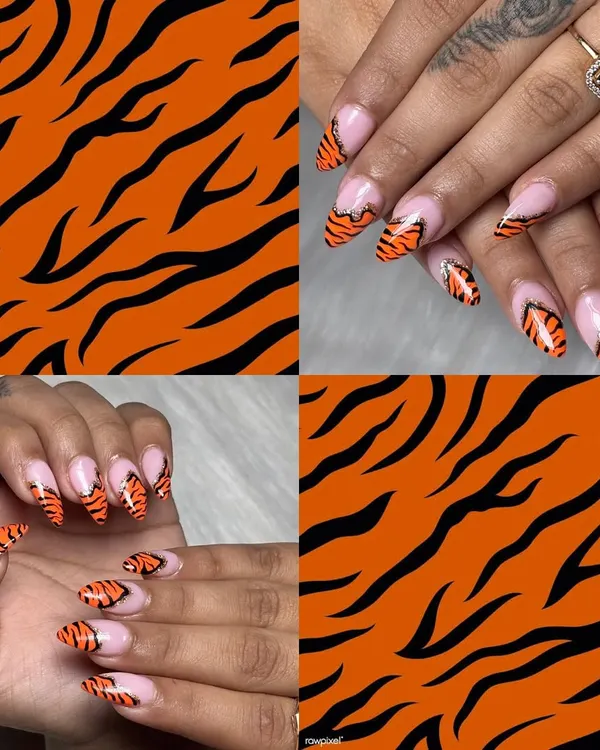 Unleash your wild side with this fierce tiger print nail art. I hand-painted the stripes over a nude base for a look that's both trendy and bold.