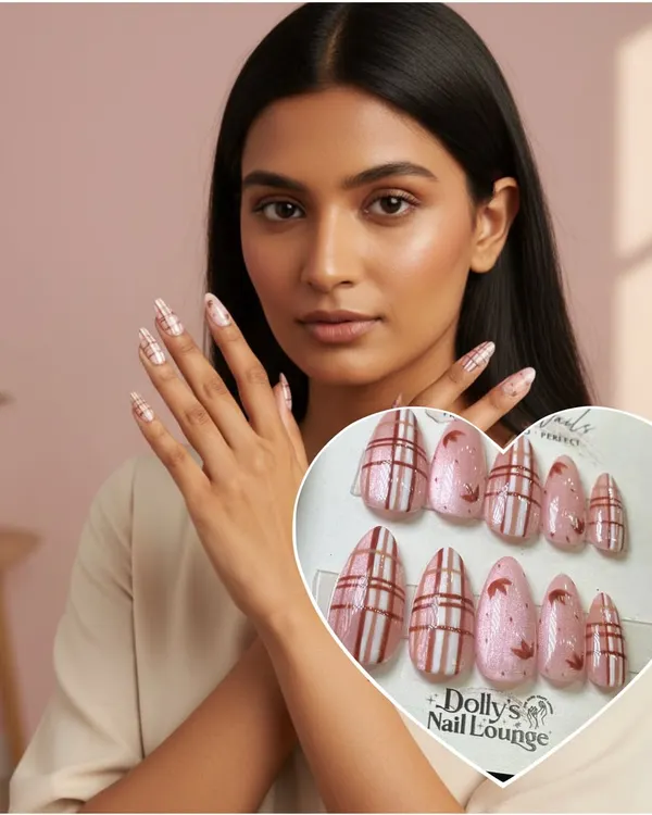 My press-on nails give you a perfect manicure instantly. This image shows a model wearing a chic plaid design, with the actual press-on set displayed.