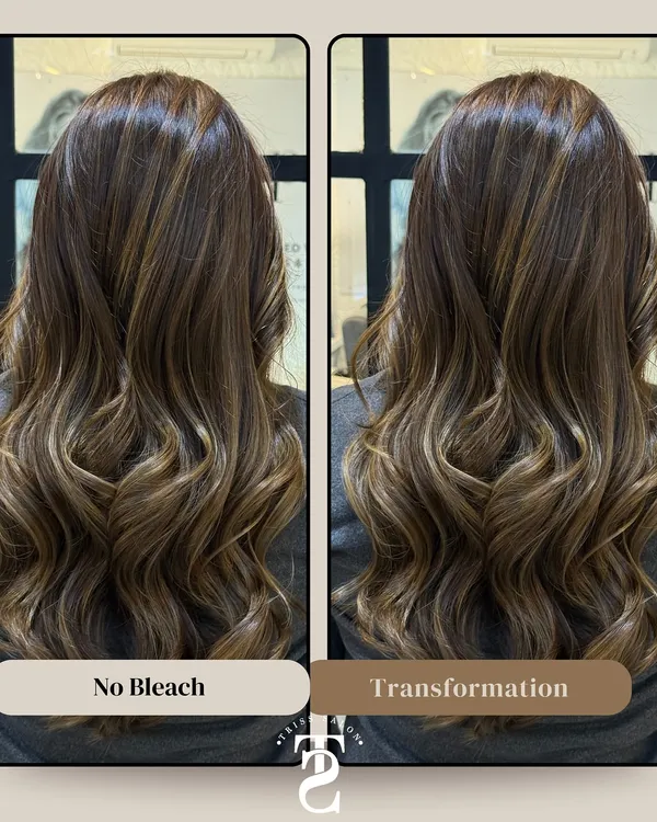 This image showcases a beautiful no-bleach transformation. You can see the rich, multi-dimensional tones I achieved, adding depth and shine without compromising the hair's health, perfect for a subtle yet noticeable upgrade.
