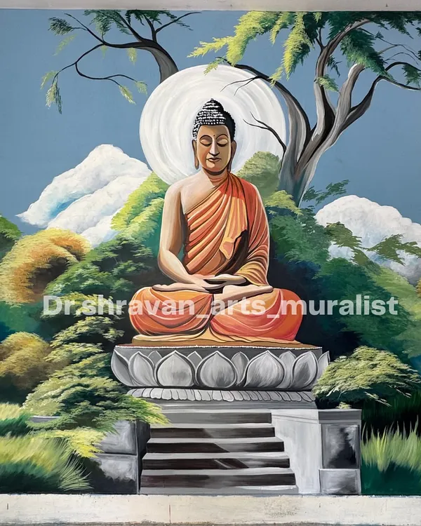 This serene Buddha mural was a new challenge I loved. The client had a specific vision, and I used AI tools to create a reference, then painted this peaceful scene of meditation amidst nature.