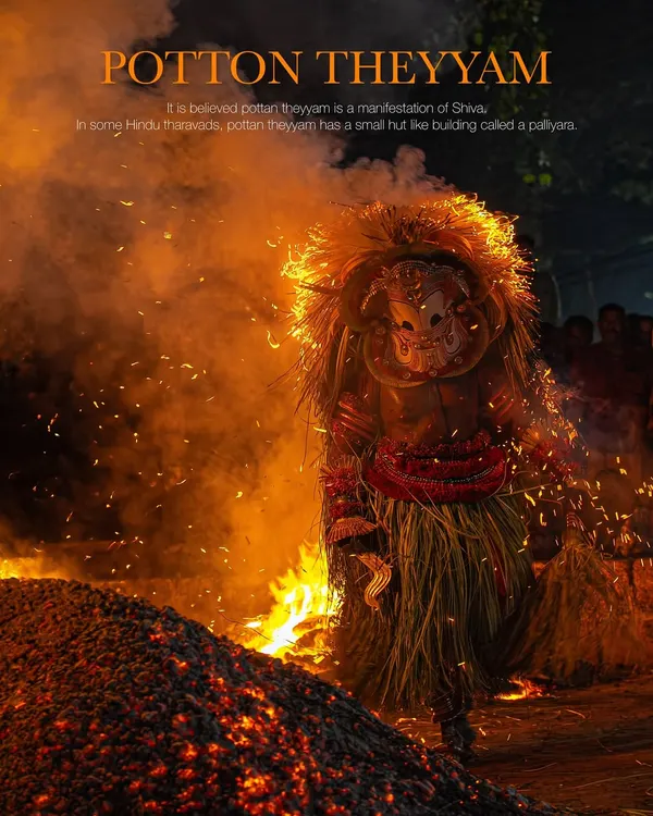 This is the Pottan Theyyam, a ritual of fire and faith in Kerala. I stayed up all night to capture this moment, where the performer, embodying a deity, walks through embers, representing a powerful story of resistance and spirit.
