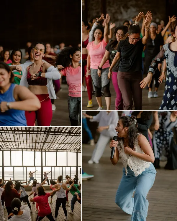 A collage capturing the vibrant energy of our corporate wellness workshops. You can see the smiles, the synchronized movements, and the fun we have while leading groups in team-building dance activities.