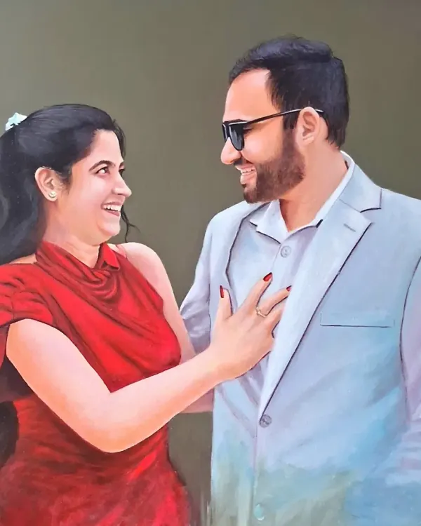 This commissioned painting captures a candid, joyful interaction between a couple. My aim was to freeze this fleeting moment in time, focusing on their expressions and body language.