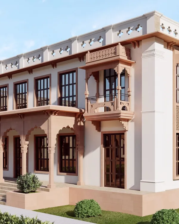 The rendered exterior of the Banaras haveli showcases the fusion of traditional Rajasthani and Mughal architectural elements. Note the ornate jharokha balcony, sandstone arches, and detailed cornices, all meticulously designed to restore the building's historic grandeur.