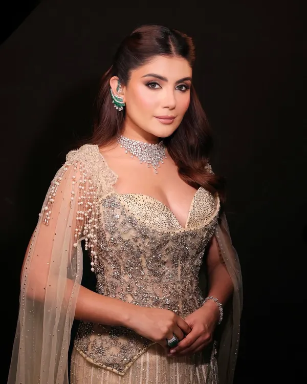 This look is bronzed perfection, designed for a high-fashion cocktail event. I focused on creating a warm, shimmering glow with expertly blended eyeshadows and a contoured base to complement this magnificent Tarun Tahiliani couture gown.