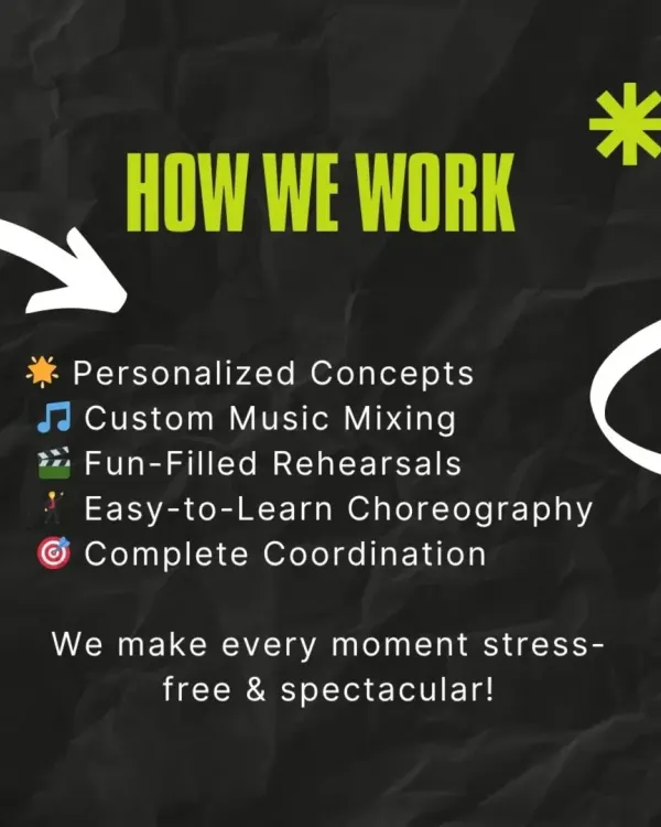 This is how we work: from personalized concepts and custom music to fun-filled rehearsals and complete coordination. We aim to make the entire process spectacular and stress-free for you.