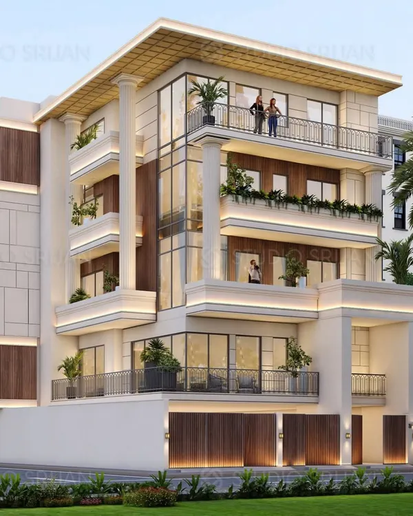 An angled view of a 6006 sq. ft. neoclassical residence in Naraina Vihar. The design incorporates grand columns spanning two floors, creating a sense of scale and luxury, blended with modern materials like wood and glass.