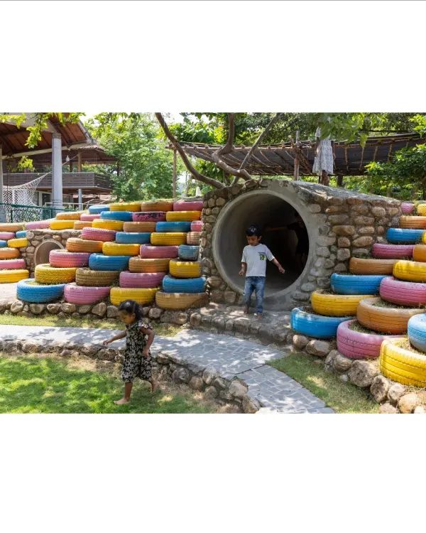 This is the heart of my work: creating joyful, sustainable spaces where communities can thrive. Here at the Foothill Learning Centre, an amphitheater built from stone and colorful recycled tires becomes a natural stage for play and connection.