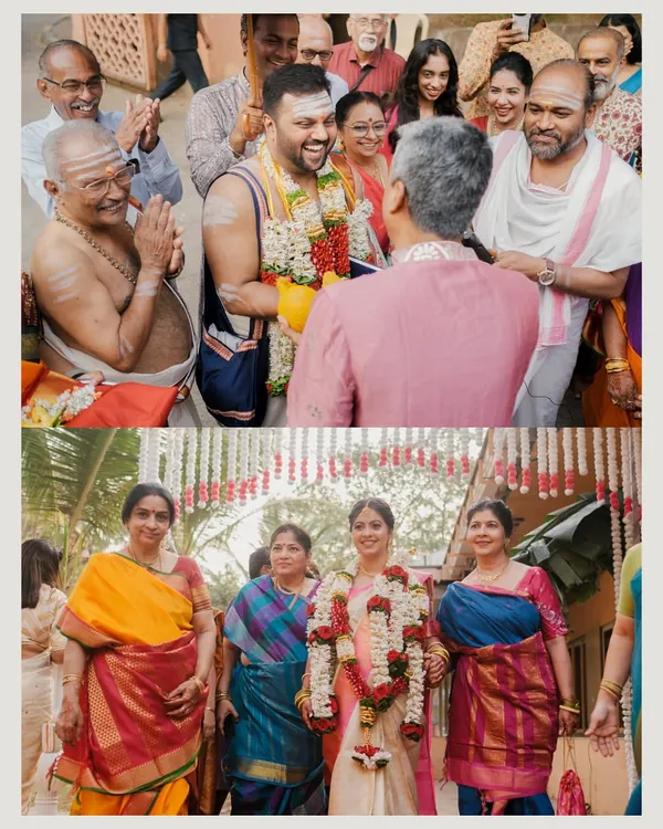 Moments of family participation in a South Indian wedding, from the bride's entrance with her relatives to blessings from the elders.