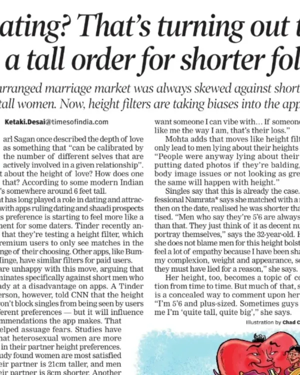 My thoughts on height bias in dating were featured in this Times of India article. I work with marriage-minded singles and believe that you are enough, regardless of superficial filters.