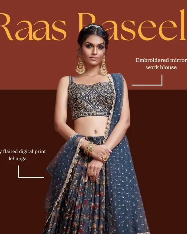 This peacock blue lehenga is a true statement piece. I designed it with a fully flared digital print skirt, a heavily embroidered mirror-work blouse, and a dupatta with a scalloped zari border.