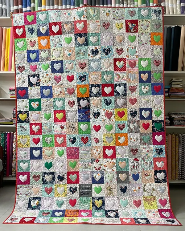 A heartwarming memory quilt made from a daughter's baby clothes. Each square features a tiny heart appliquéd from a different piece of clothing, creating a tapestry of childhood memories.