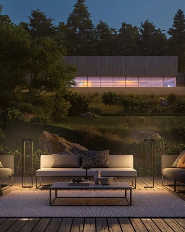We designed this outdoor lounge area to feel like a private resort, using our minimalist solar-powered floor lamps. These fixtures provide warm, inviting illumination without any wiring, creating a sophisticated ambiance perfect for relaxing evenings on the deck.