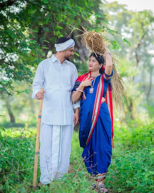 A walk together through the fields, dressed in traditional Shetkari attire. I focus on capturing the natural interactions and shared glances that make these themed shoots feel authentic and heartfelt.