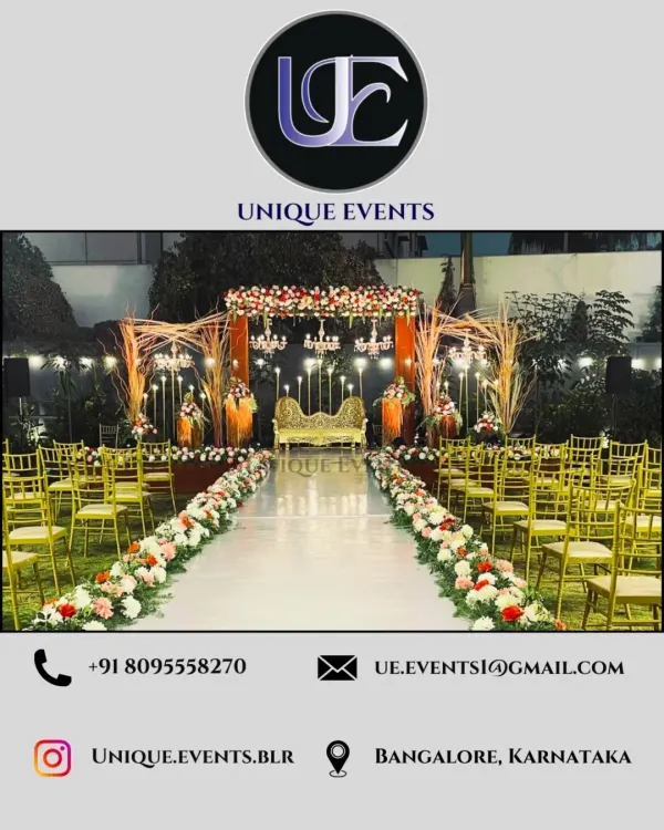 We design complete event experiences, like this stunning outdoor sangeet setup. The decor features a grand stage, a floral-lined aisle for a dramatic entrance, and elegant seating, all brought together with warm, ambient lighting for a magical evening.