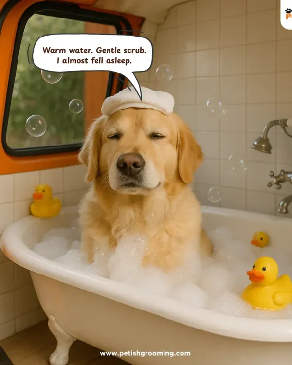 If dogs could talk, they'd tell you how relaxing a warm bath in my van is. This golden retriever almost fell asleep!