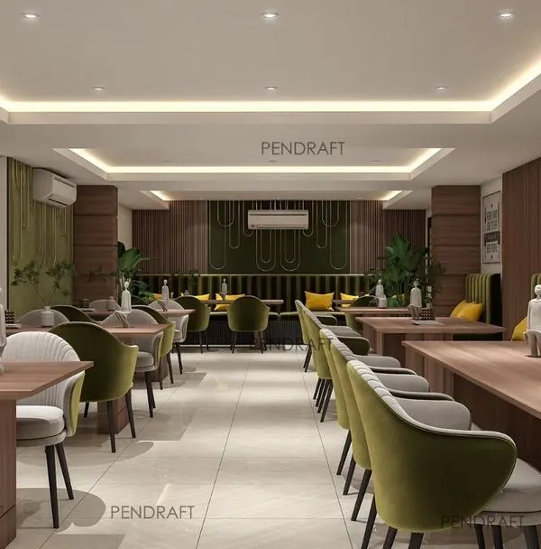 A conceptual render for a redesigned hotel restaurant in Amritsar. The design uses a mix of seating arrangements, including plush booths and chairs in olive green, to enhance the dining experience for guests.