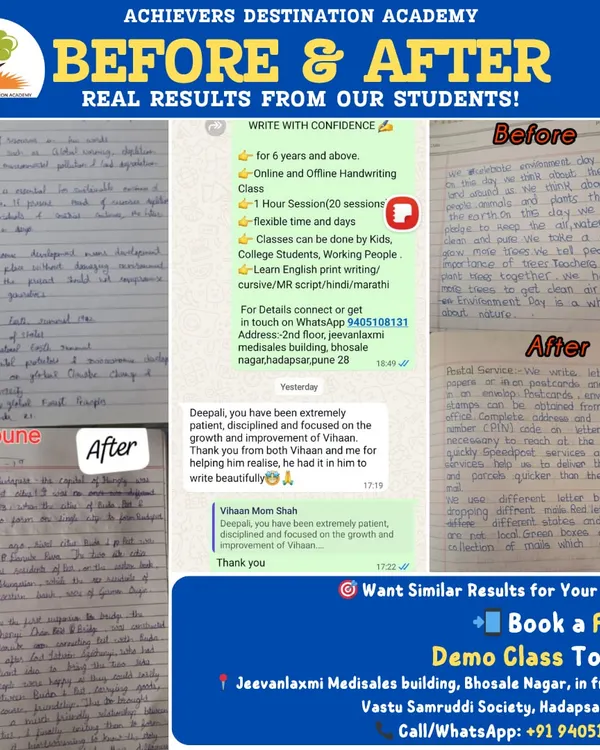 This is the magic of dedicated practice! Here you can see the incredible transformation in a student's handwriting from our online Pune batch. We focus on clear, legible, and confident writing, turning messy script into neat, structured work that any child can be proud of.