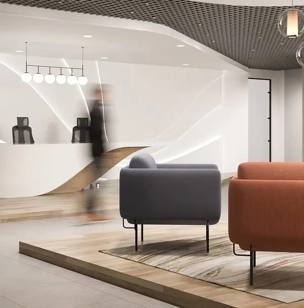 The reception area is the first chapter of your company's story. We crafted this futuristic, minimalist lobby with a flowing, sculptural desk and integrated lighting to make a powerful first impression.