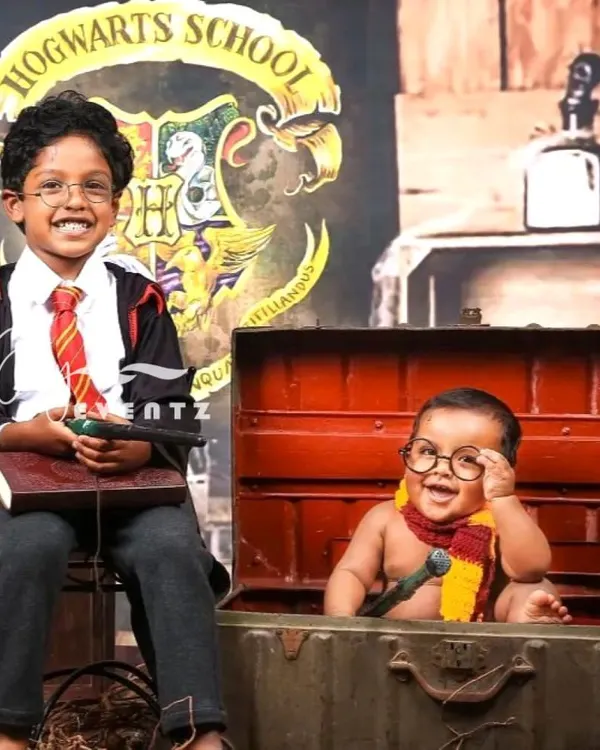 We bring magical worlds to life, like this Harry Potter theme, perfect for a sibling photoshoot. We provide the complete Hogwarts setup, including costumes, wands, and vintage trunks, to create an enchanting experience for your little wizards.